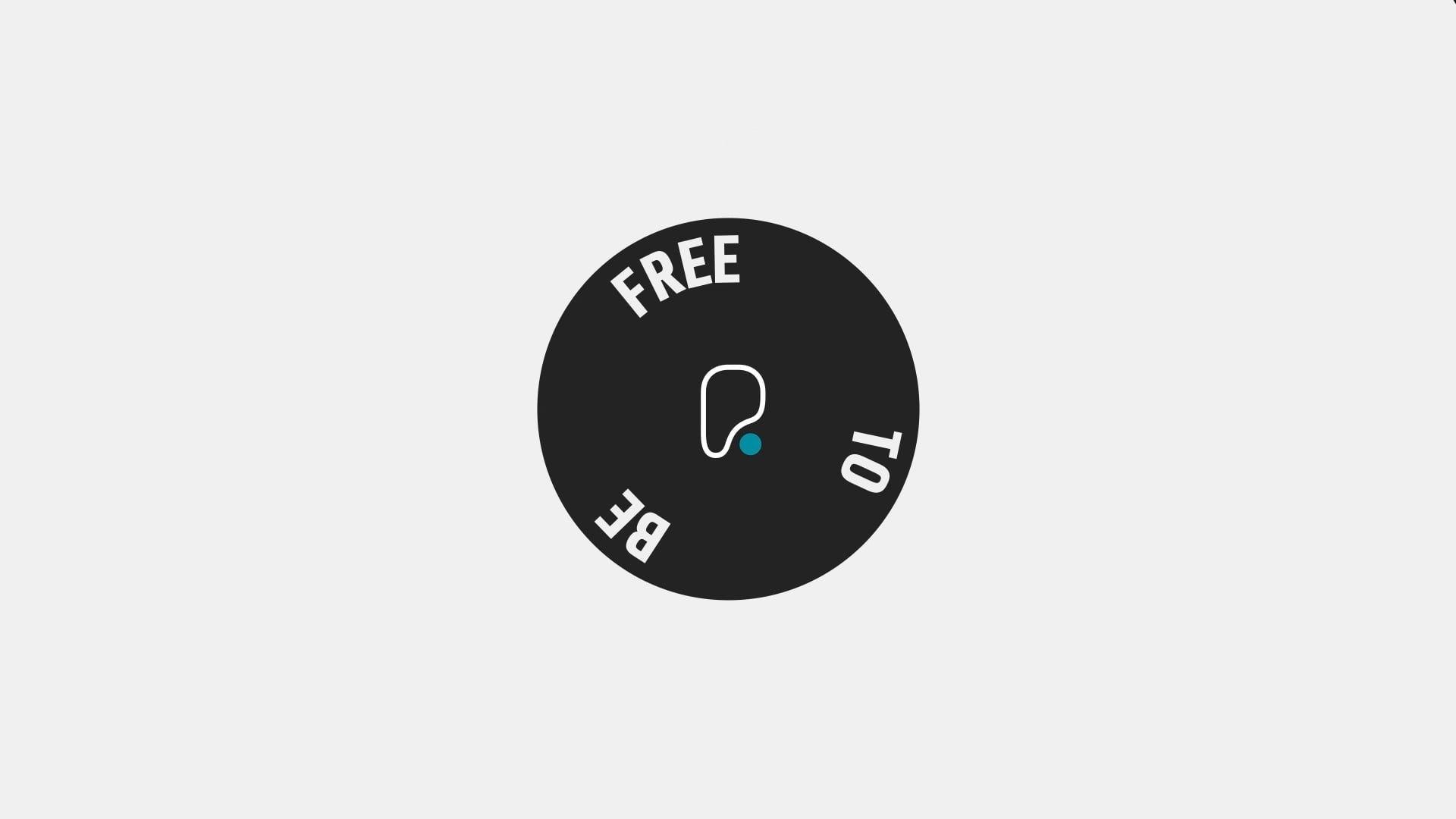 Black circle with "Free to Be" text, a teal dot, and a question mark.