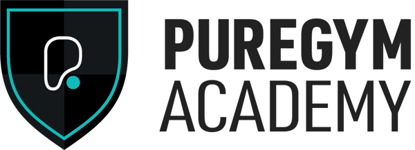 Logo with a shield emblem featuring a stylized 'P' and a circle, next to the words "PUREGYM ACADEMY" in bold, dark gray text.