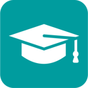 A white graduation cap icon centered on a rounded teal square background.