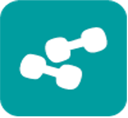 Two white dumbbells centered on a teal rounded square background.
