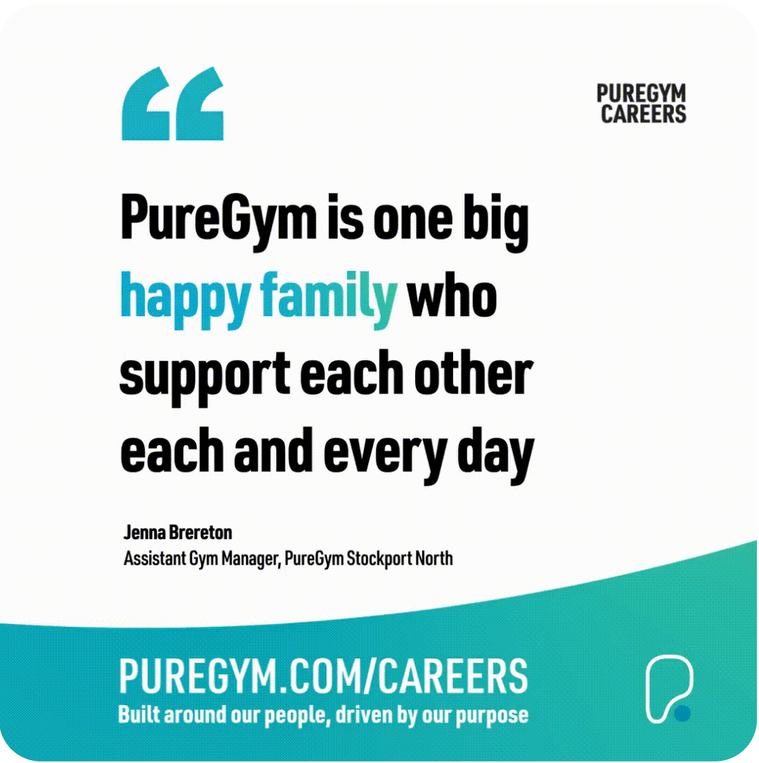 Testimonial quote by Jenna Brereton about PureGym being a supportive family, with career link.
