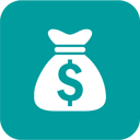 A white icon of a money bag with a dollar sign inside, centered on a teal rounded square.