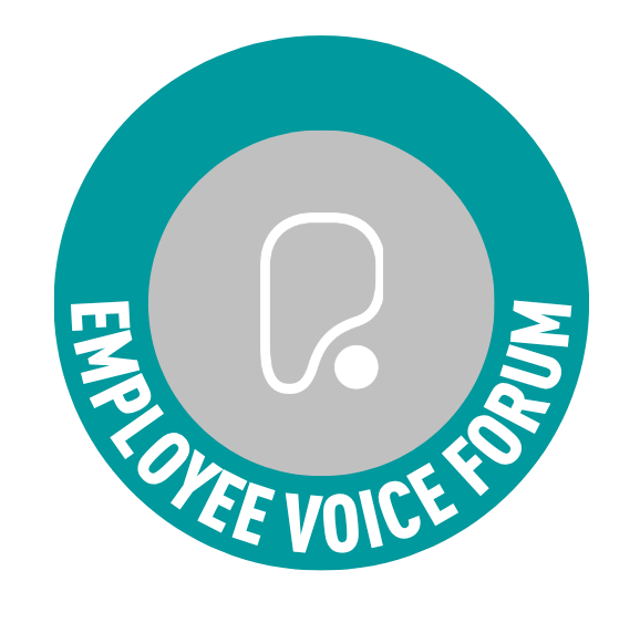 Teal circular logo with a gray center, containing a white abstract icon and the text Employee Voice Forum curving along the bottom.